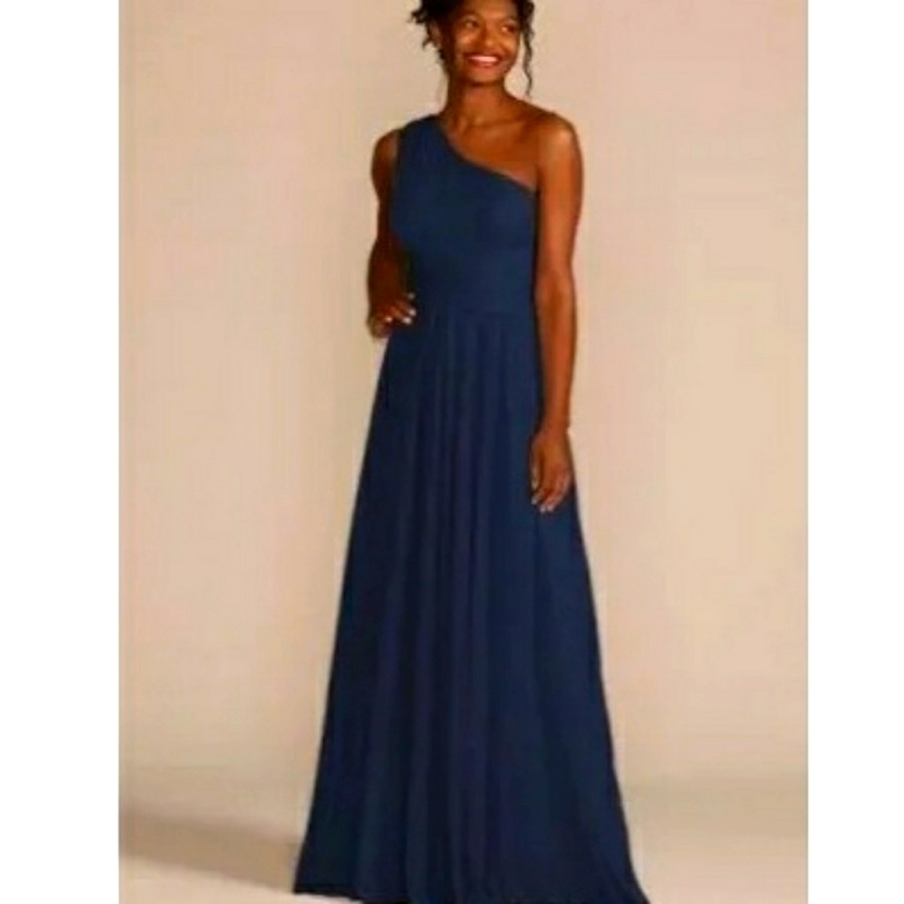 Nwt David's Bridal Long Mesh One Shoulder Maxi Dress In Marine Size 10